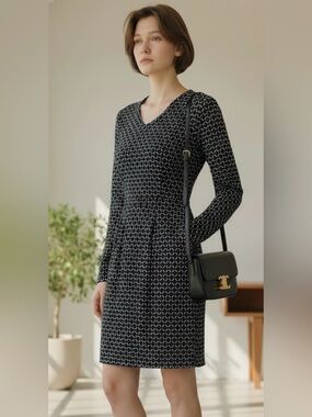 Promod Navy and White Long-sleeved Midi Dress